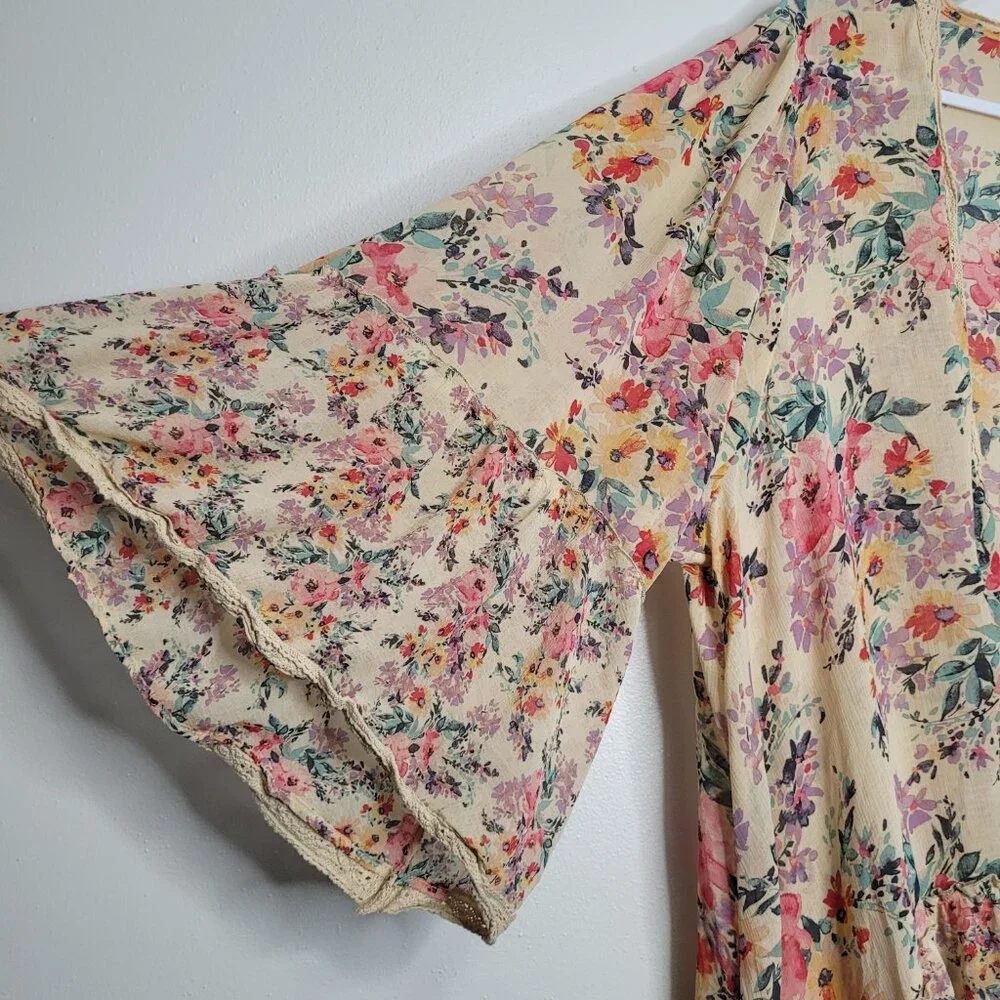 Torrid Ruffle Kimono Chiffon Floral Tan boho cover up beachy vacation size 4x - Picture 5 of 9